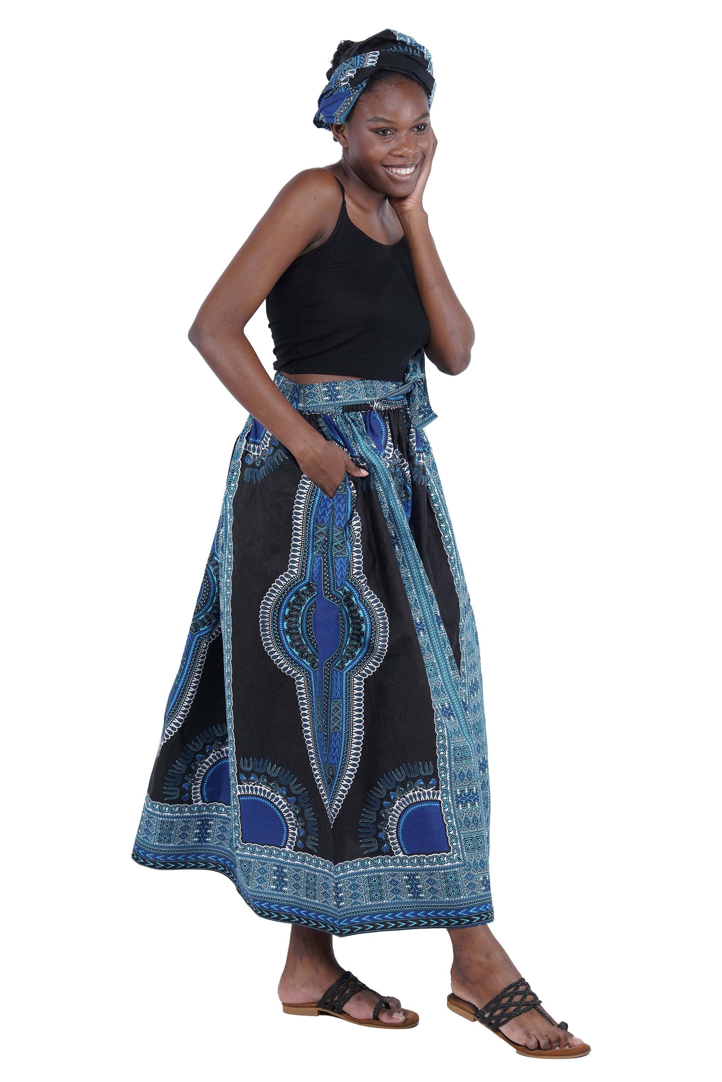 Black Blue Dashiki Long Maxi Skirt, Handbag and Headwrap Set