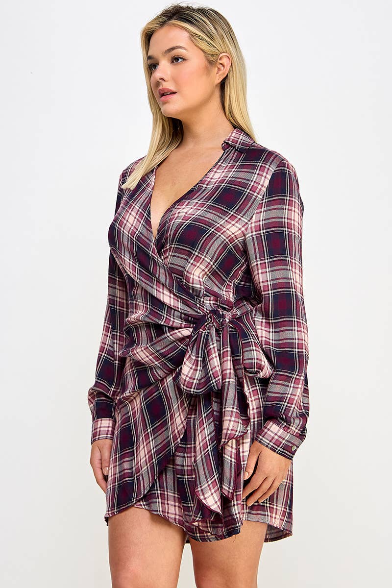 Plus Long Sleeve Plaid Side Tie Dress