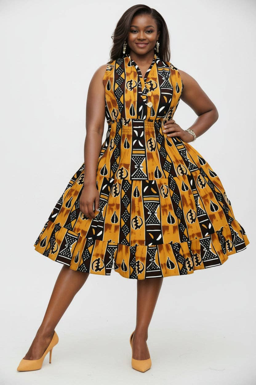 Woman's Mid-Length Smock Dress Adinkra Print with Scarf