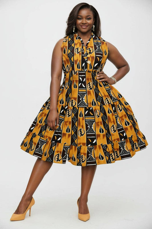 Woman's Mid-Length Smock Dress Adinkra Print with Scarf