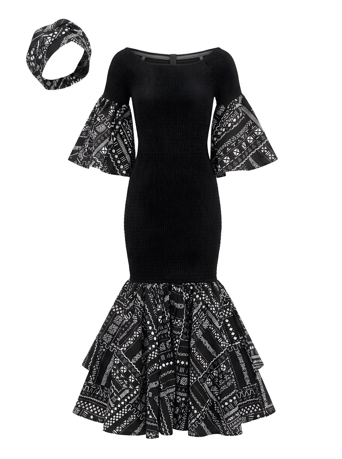 Black White Mud Cloth Trim Long Smocked Mermaid/Fish Tail Dress