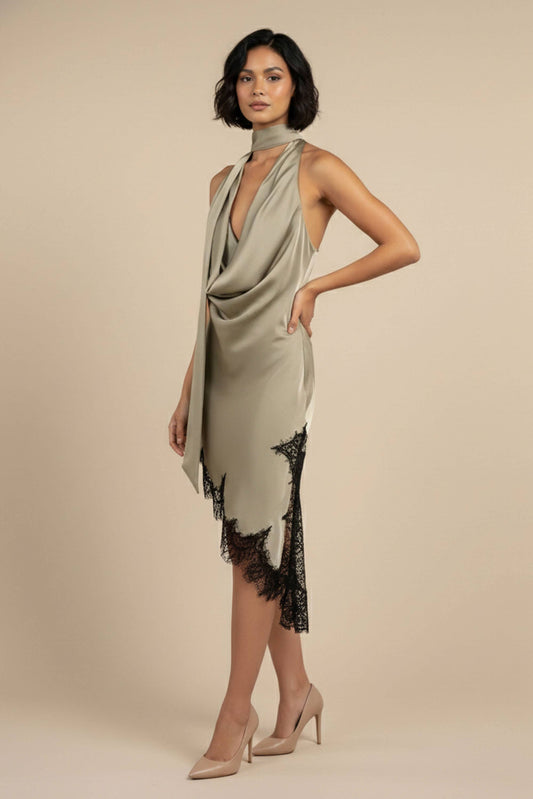 Satin Lace Trim Scarf Dress