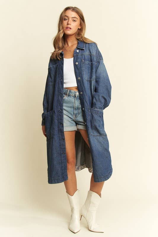 Plus Mid Length Button Down Denim Jacket