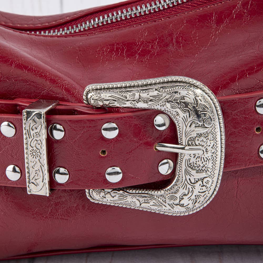 Studded Western Buckle Vegan Leather Shoulder Bag