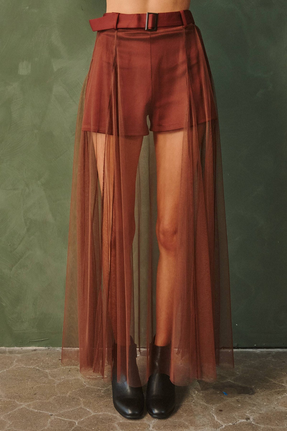 Belted Mesh Overlay Maxi Skirt Shorts
