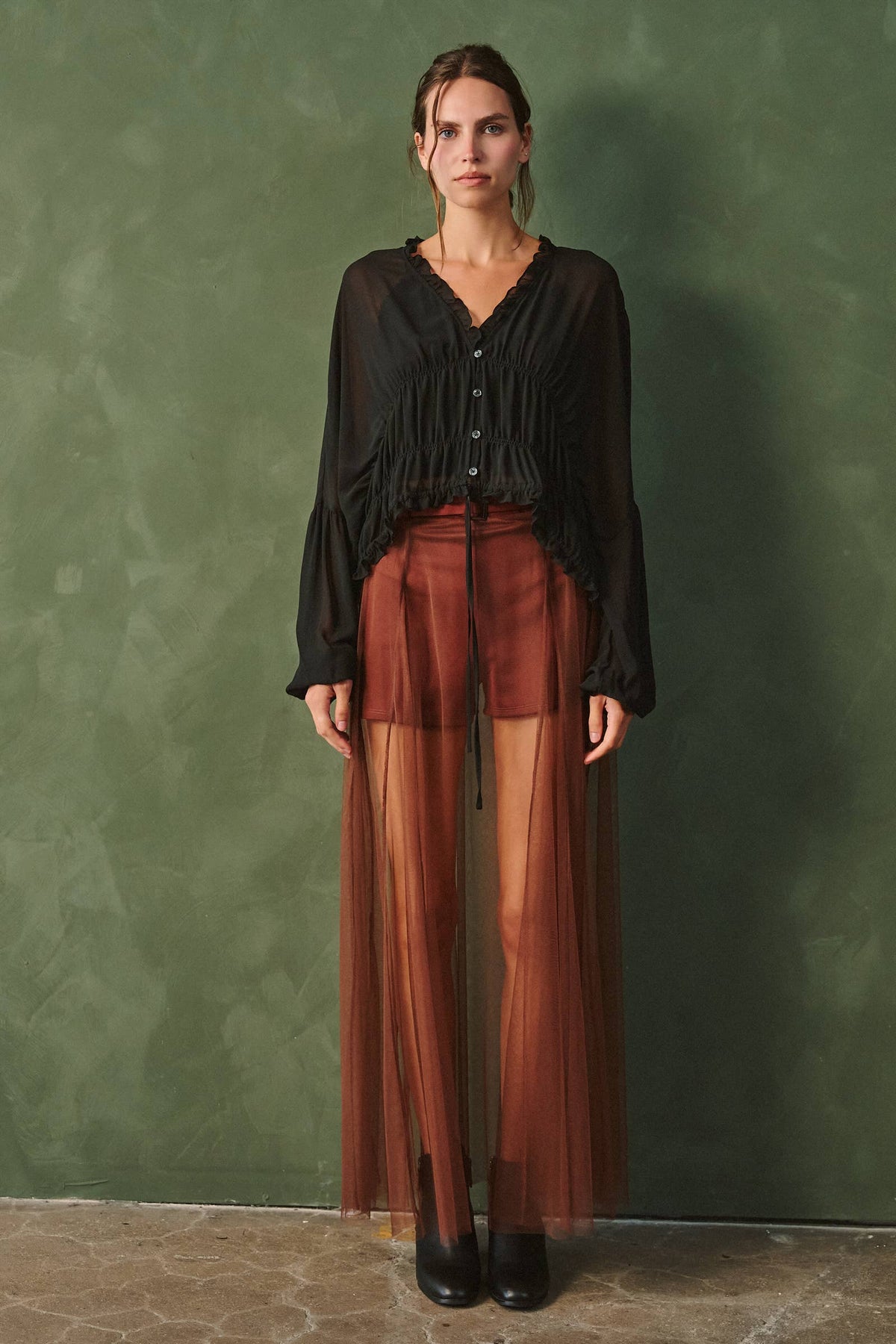 Belted Mesh Overlay Maxi Skirt Shorts