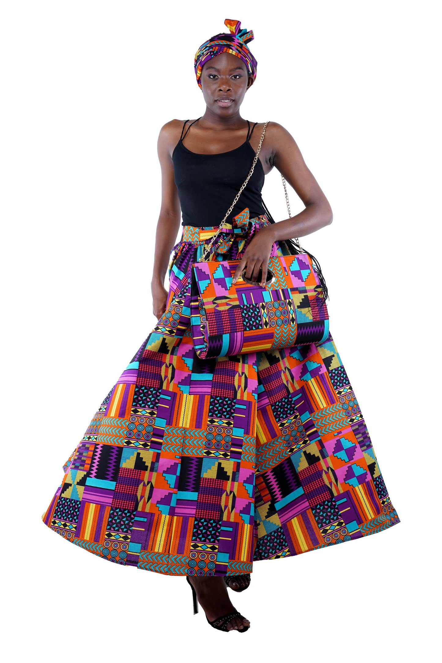 Kente Long Maxi Skirt, Handbag and Headwrap Set