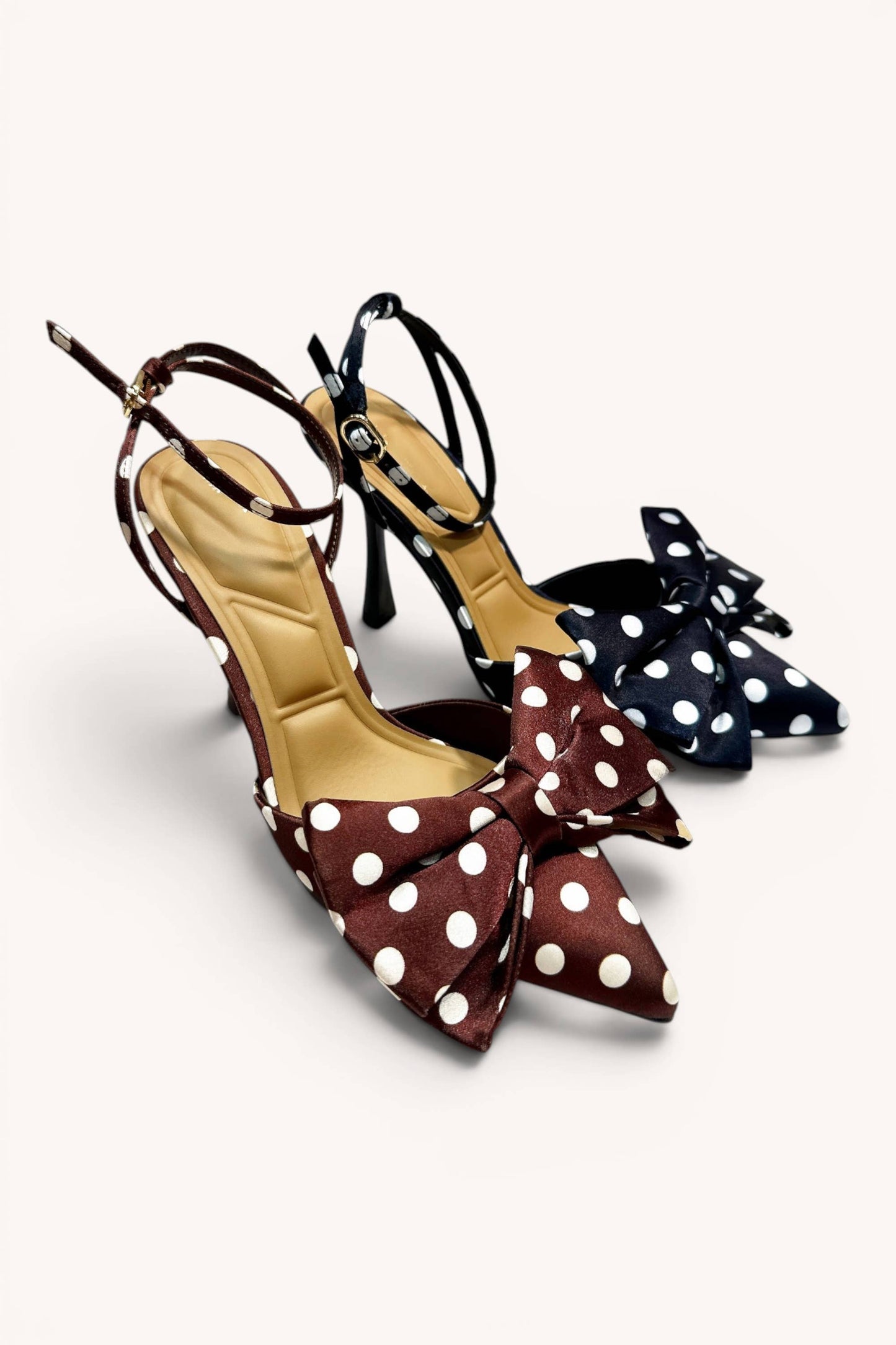 Polka Dot Pointed Toe Big Bow Ankle Strap Stiletto Heels