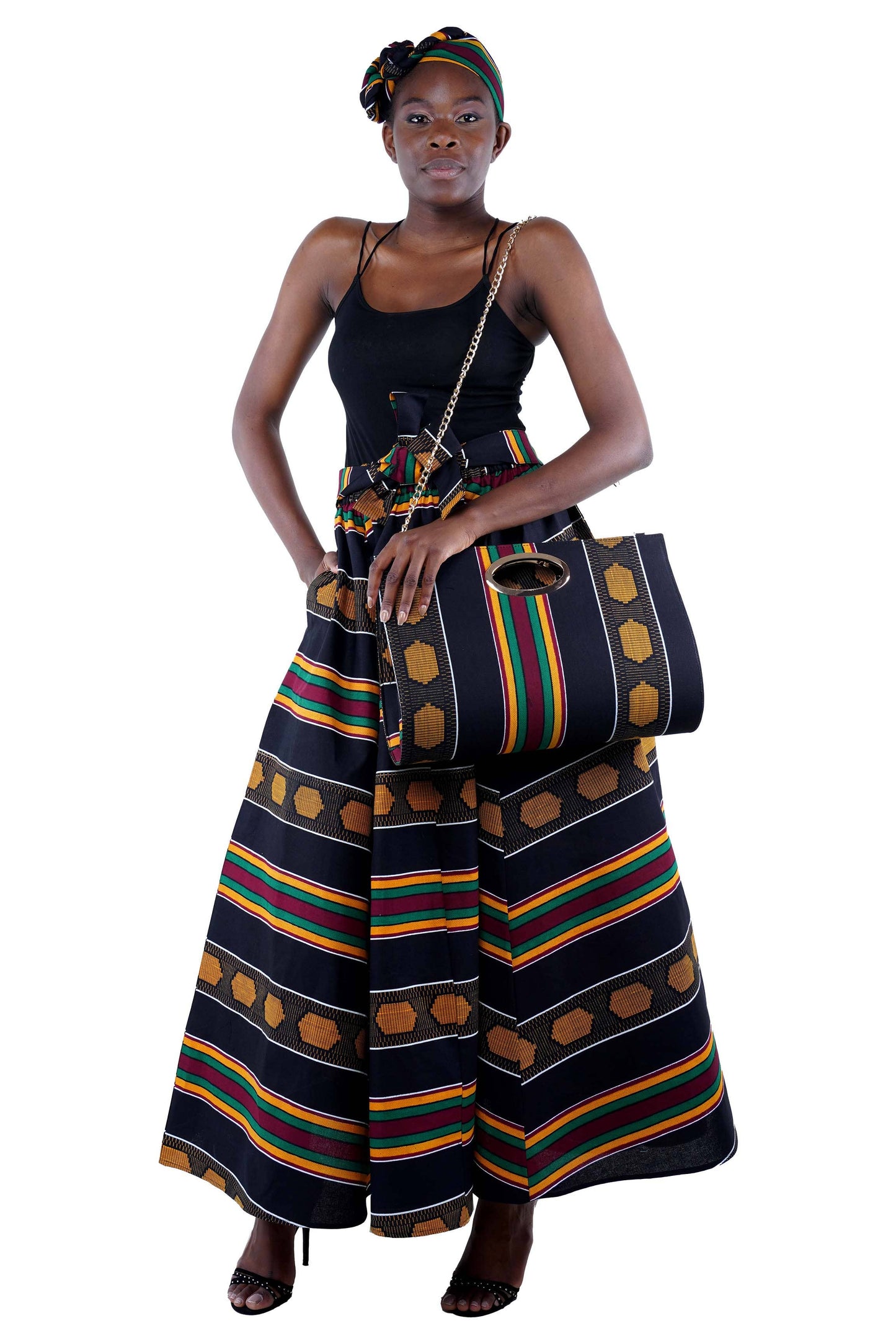African Long Maxi Skirt, Handbag and Head Wrap Set Black Red Green Yellow
