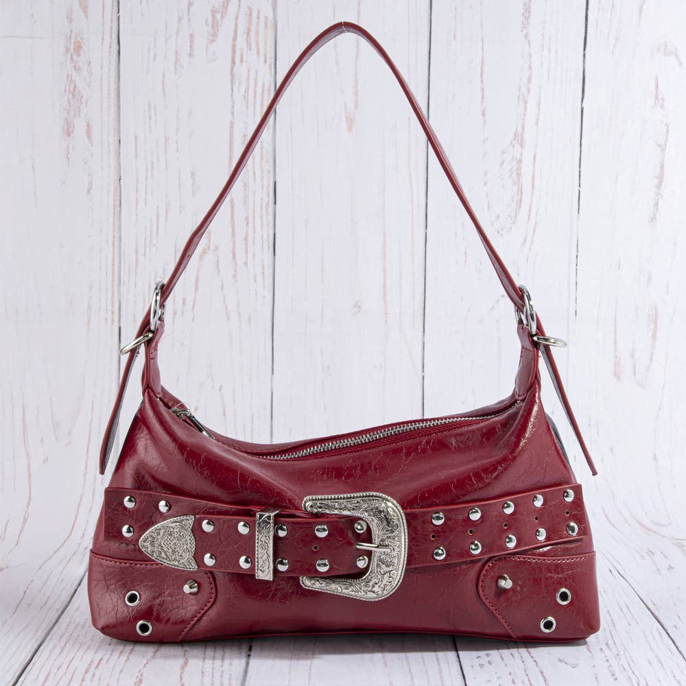 Studded Western Buckle Vegan Leather Shoulder Bag