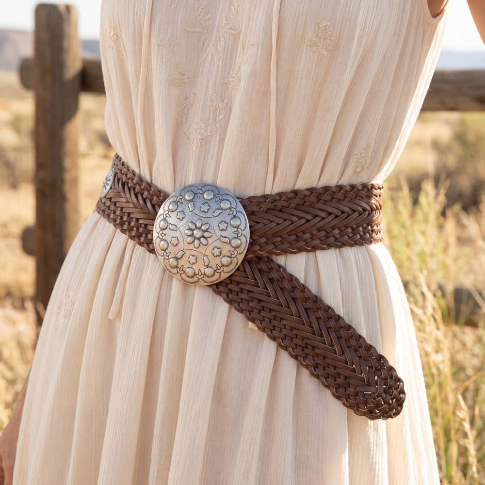 Brown Braided Vegan Leather Floral Concho Belt