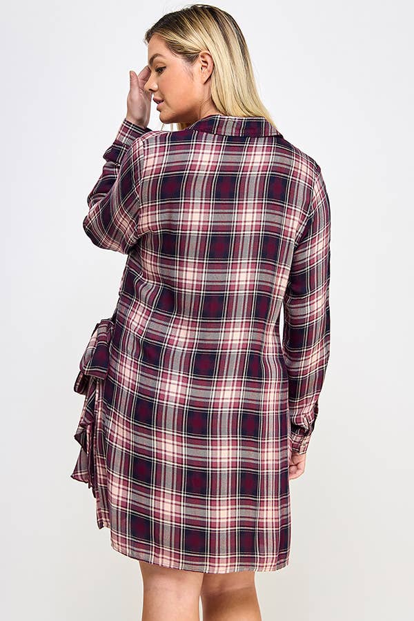 Plus Long Sleeve Plaid Side Tie Dress