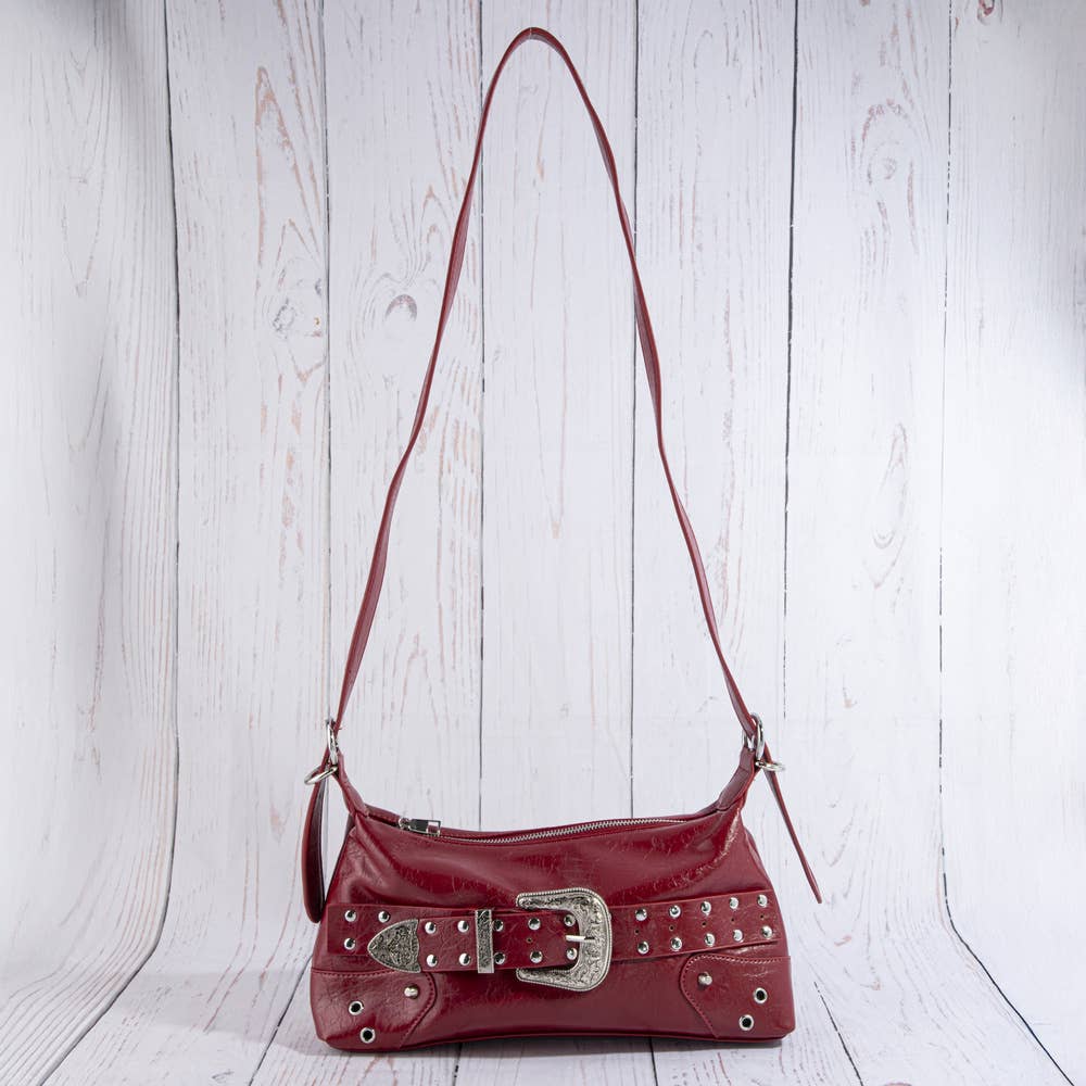 Studded Western Buckle Vegan Leather Shoulder Bag
