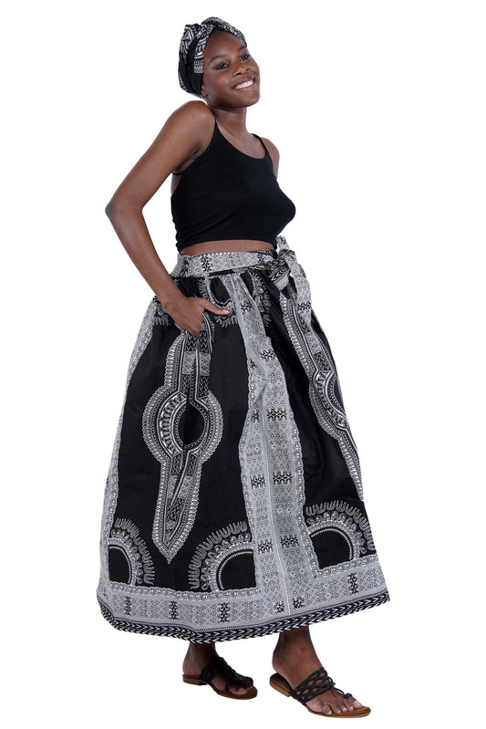 Black White Dashiki Long Maxi Skirt, Handbag and Headwrap Set