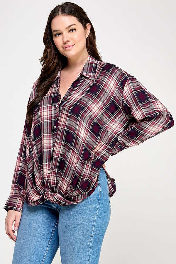 Plus Plaid Draped Button Down Top