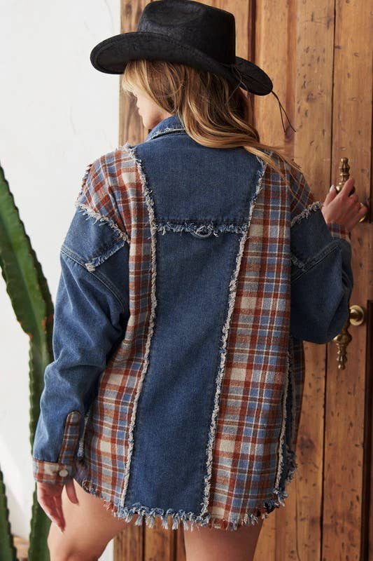 Denim and Plaid Color Block Jacket