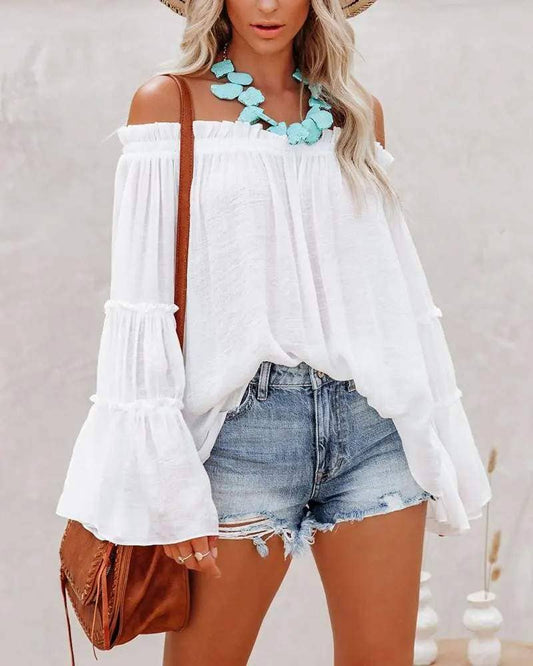 White Off Shoulder Bell Sleeve Top