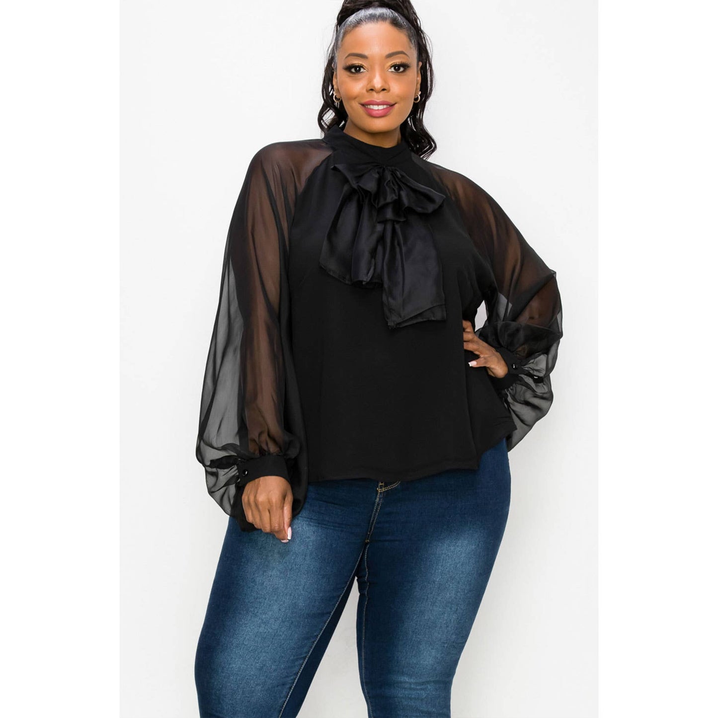 Black Blouse Sheer Sleeves Bow Detail
