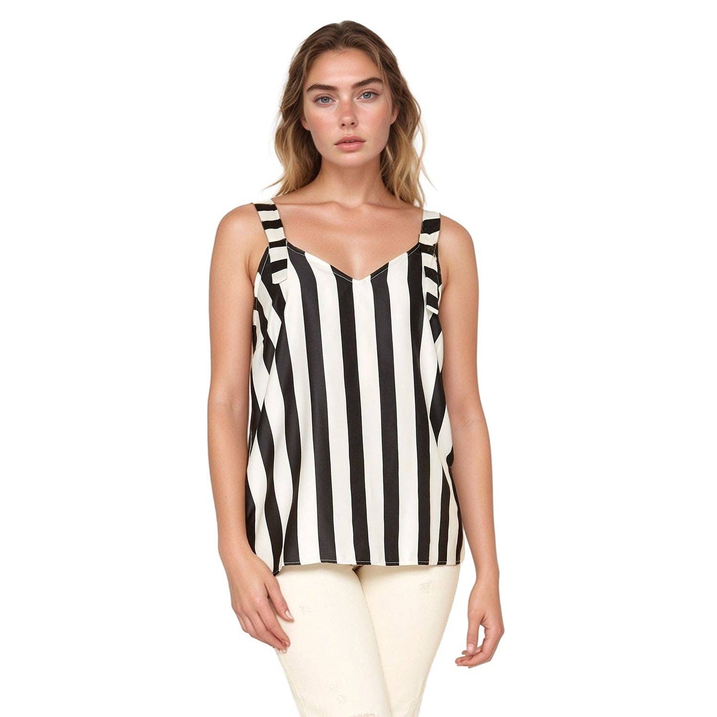V-Neck Black White Stripe Tank Top Blouse