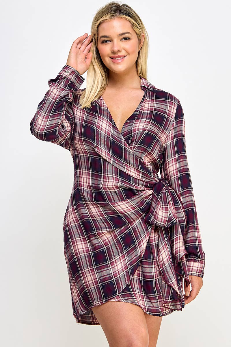 Plus Long Sleeve Plaid Side Tie Dress