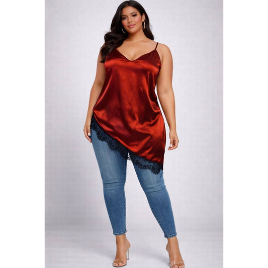 Satin Asymmetrical Lace Trim Cami Top