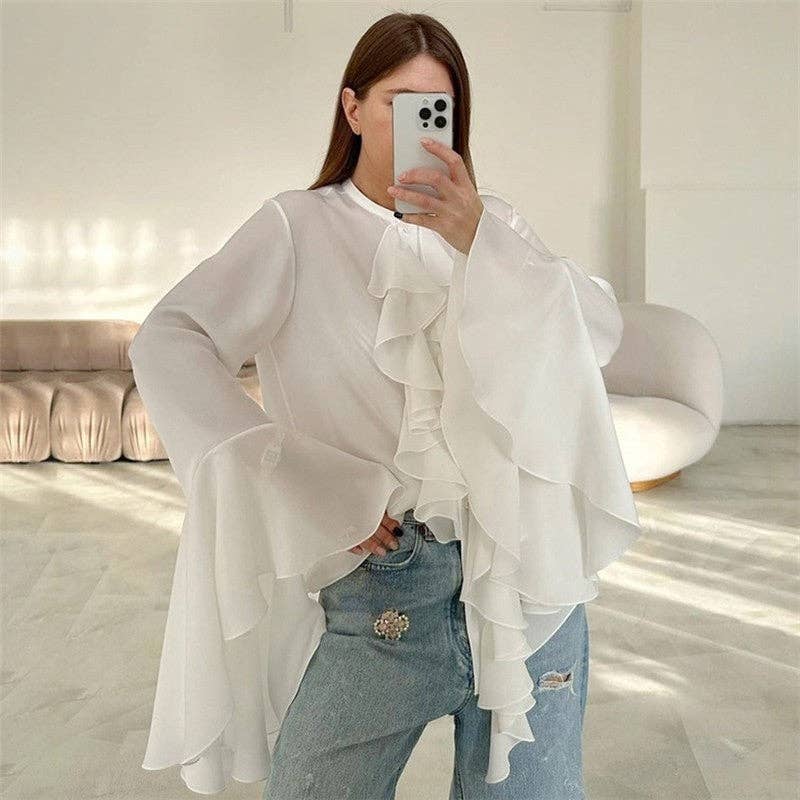 Round Neck Bell Sleeve Ruffle Trim Women's Blouse