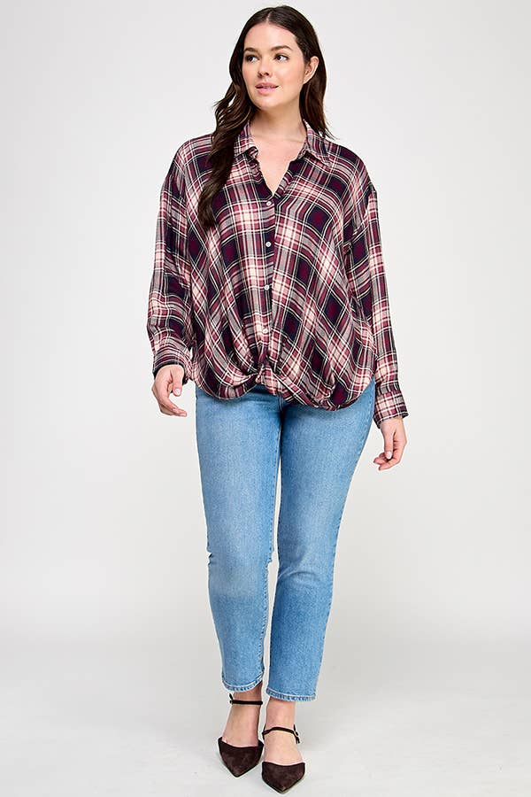 Plus Plaid Draped Button Down Top