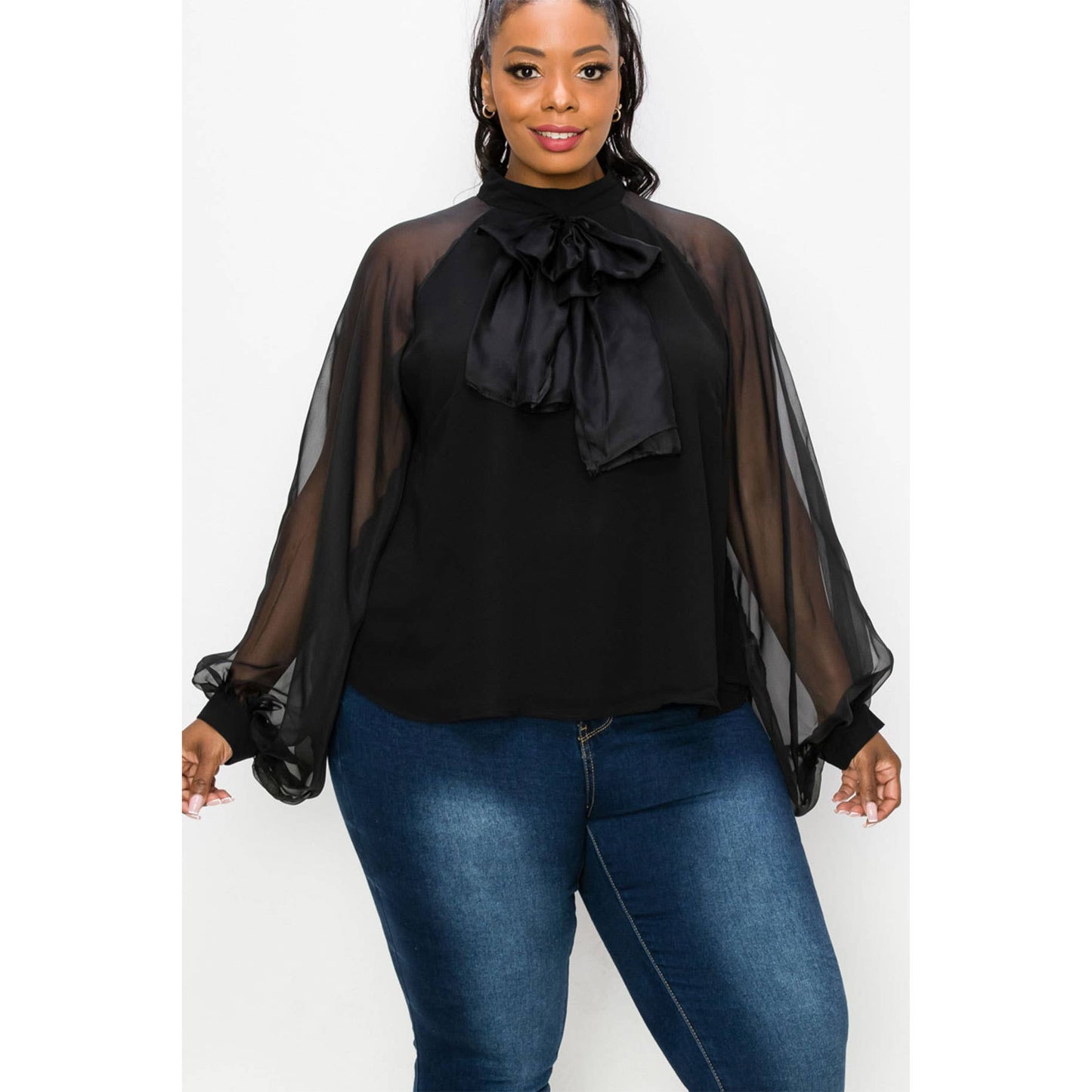 Black Blouse Sheer Sleeves Bow Detail