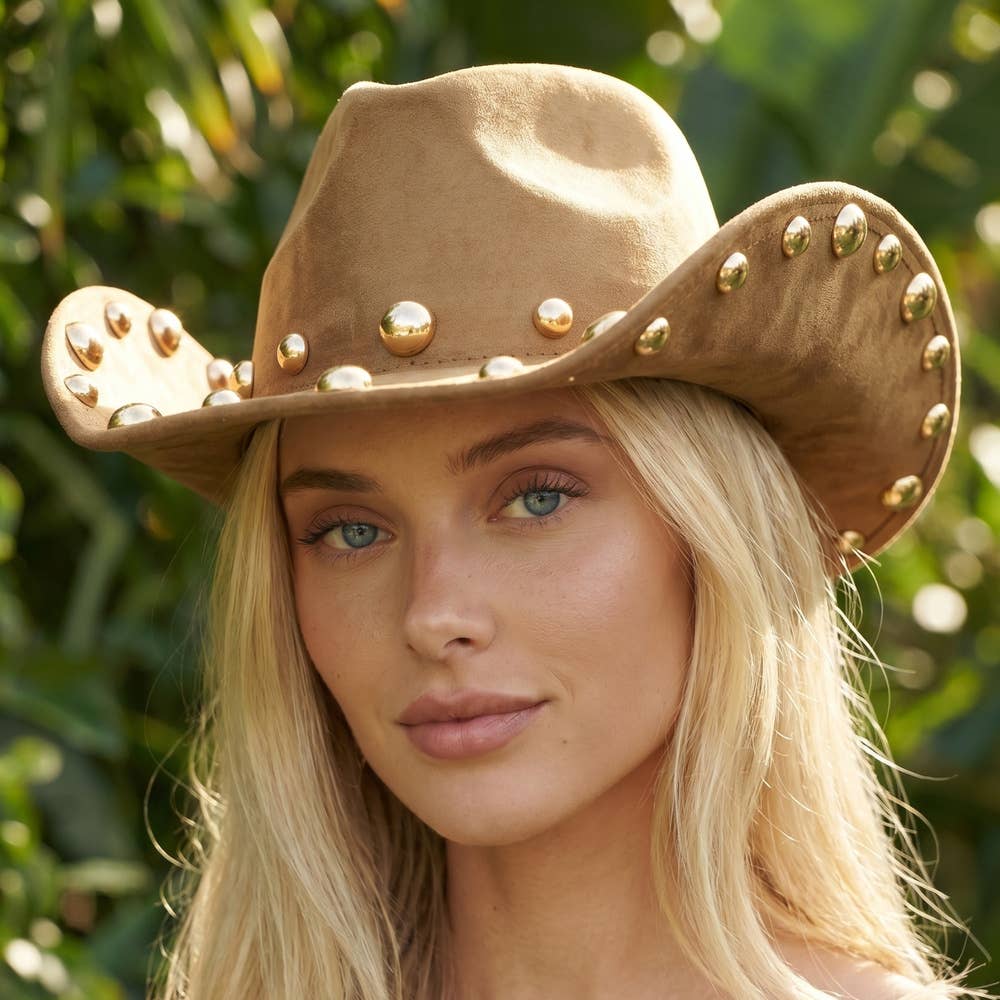 Gold Studded Brim Faux Suede Cowboy Hat