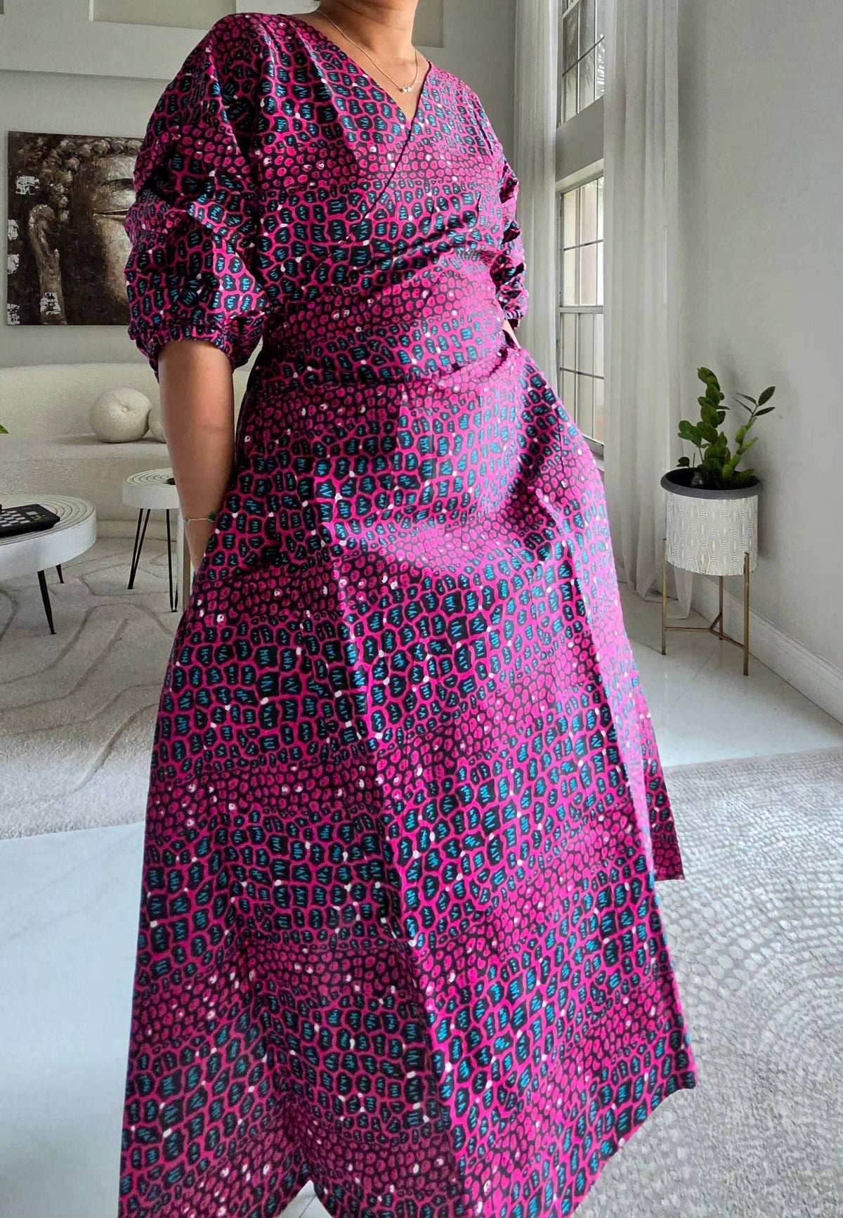 Wrap Dress With Puffed Sleeves Alligator Print