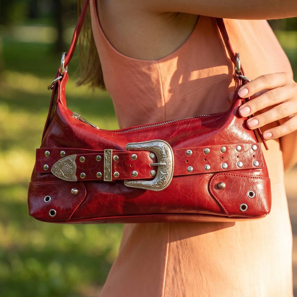 Studded Western Buckle Vegan Leather Shoulder Bag