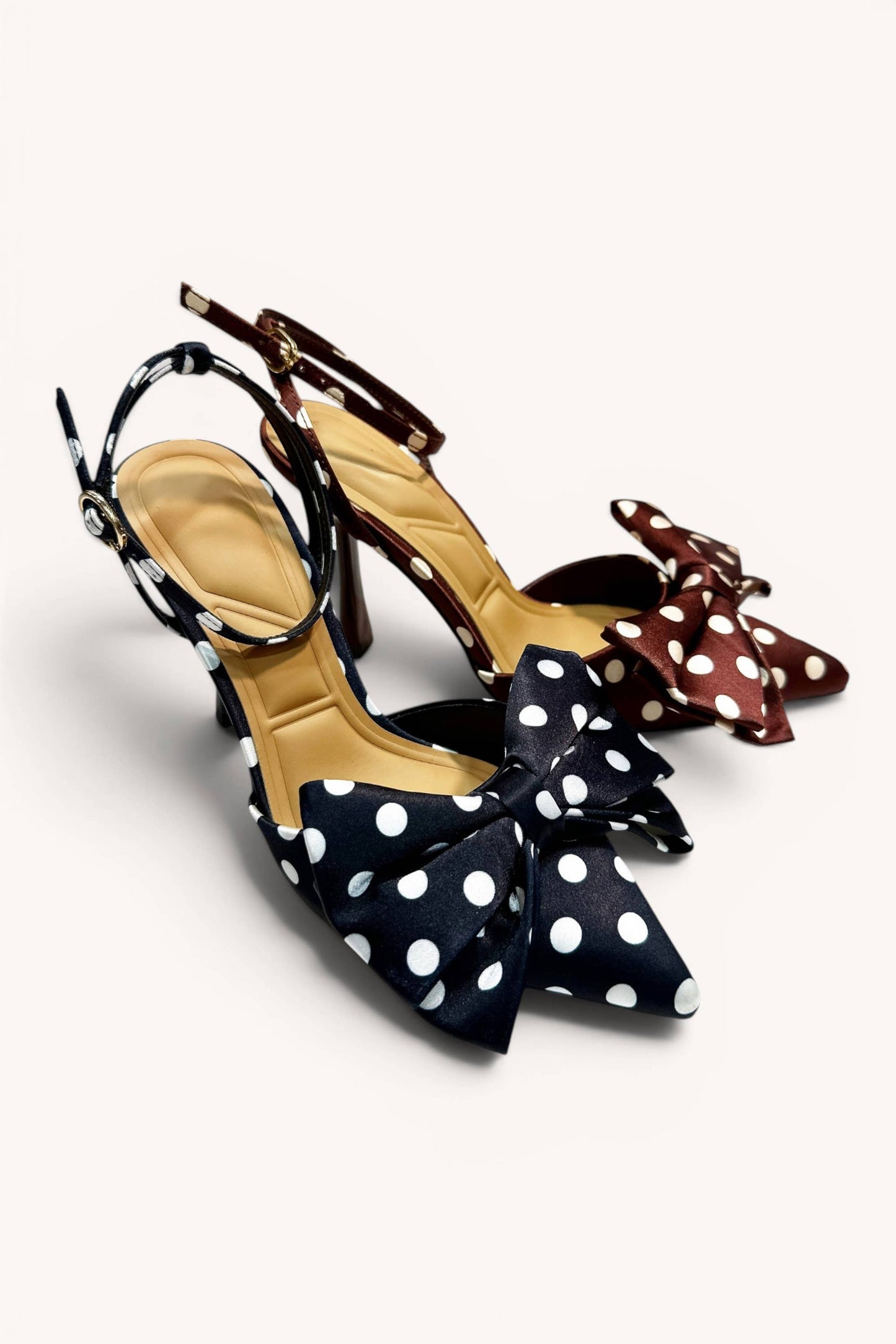 Polka Dot Pointed Toe Big Bow Ankle Strap Stiletto Heels