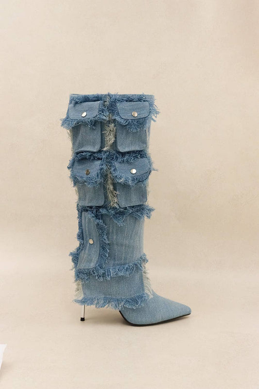 CARRY ON - Denim Pocket Boots w/ Frayed Texture
