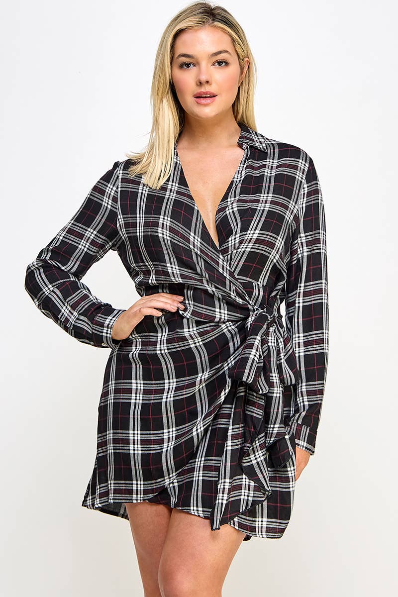 Plus Long Sleeve Plaid Side Tie Dress