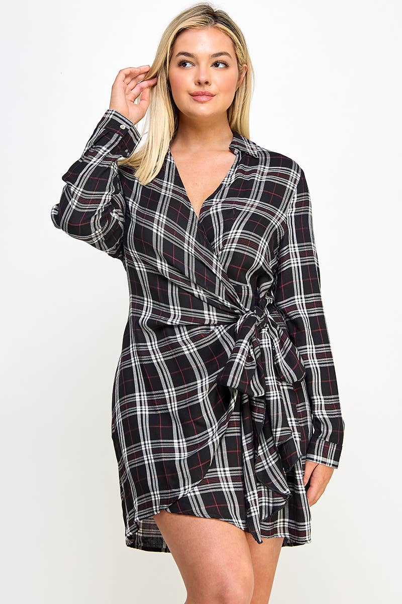 Plus Long Sleeve Plaid Side Tie Dress