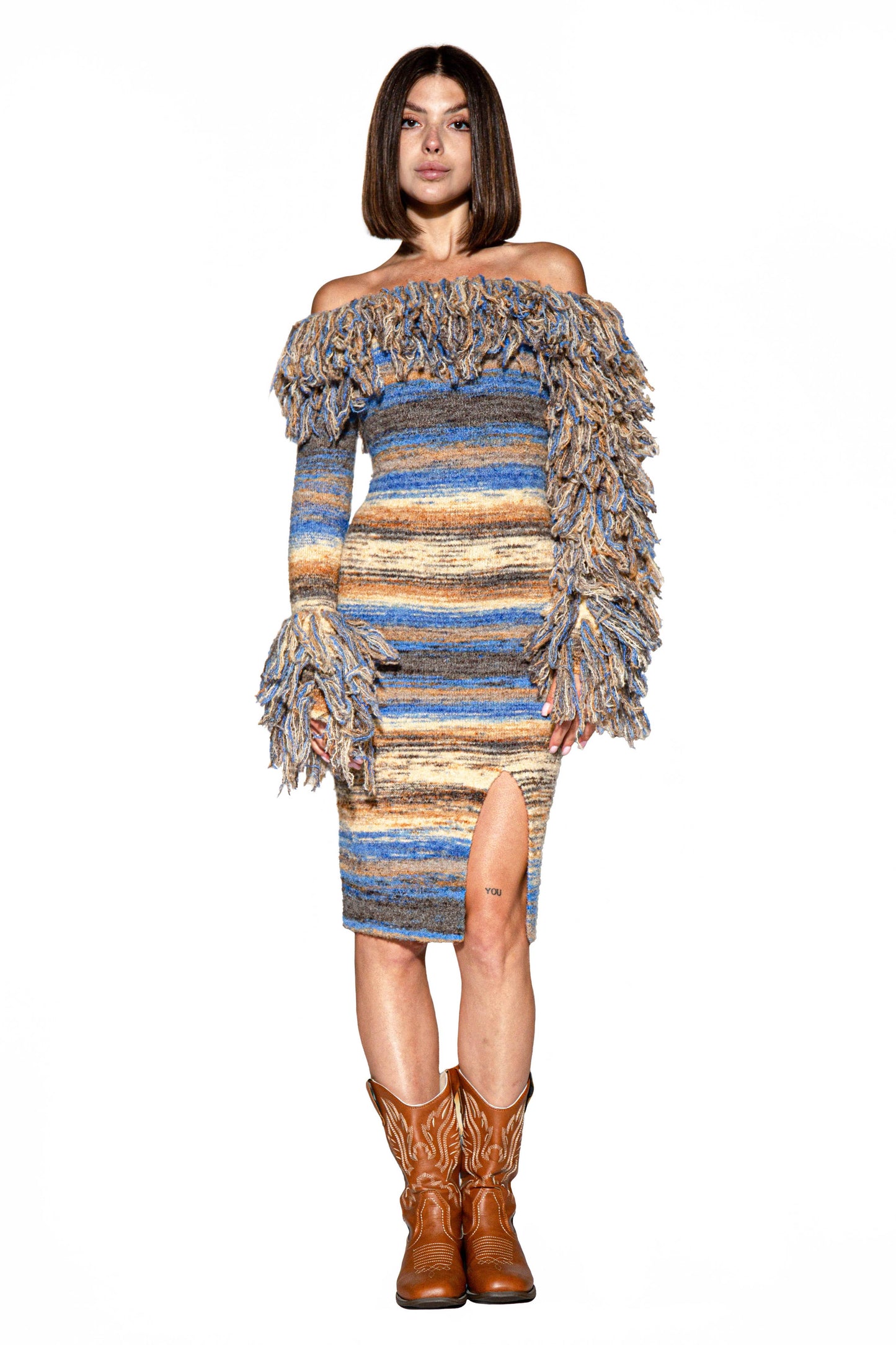 Fringe Horizon Knit Off-Shoulder Midi Sweater Dress