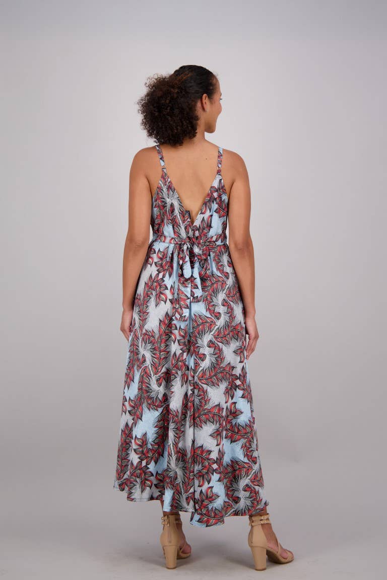 Blue Red Floral Print Silk Maxi Dress