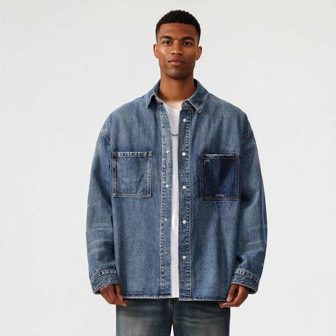 Men's Two-Tone Patch Pocket Denim Button Up Shirt