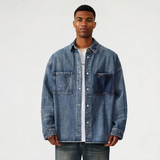 Men's Two-Tone Patch Pocket Denim Button Up Shirt