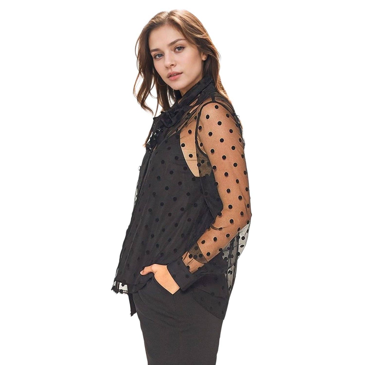Black Polka Dot Mesh Blouse With Cami