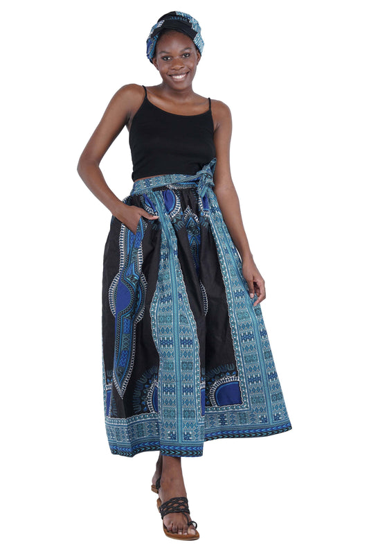 Black Blue Dashiki Long Maxi Skirt, Handbag and Headwrap Set