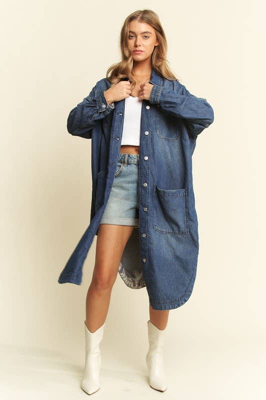 Plus Mid Length Button Down Denim Jacket