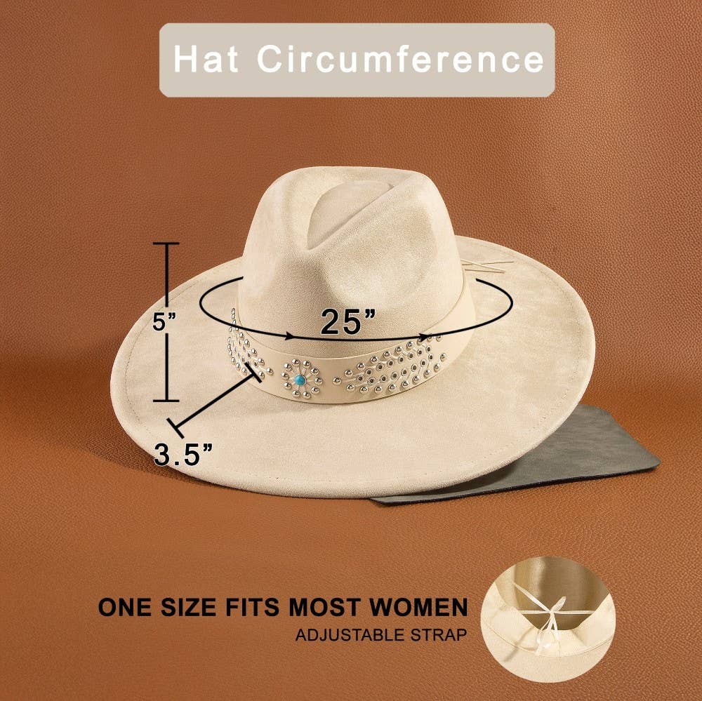 Ivory Western Studded Strap Faux Suede Fedora Hat