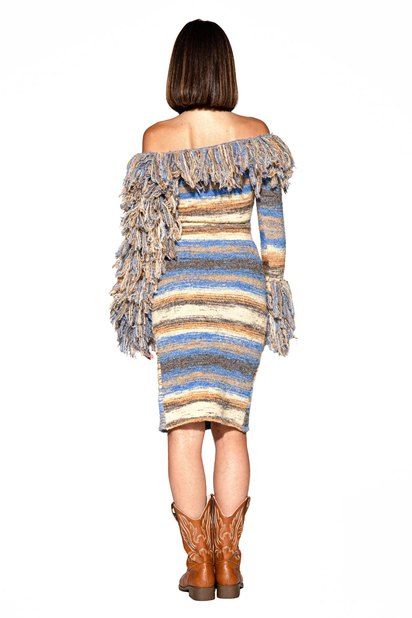Fringe Horizon Knit Off-Shoulder Midi Sweater Dress