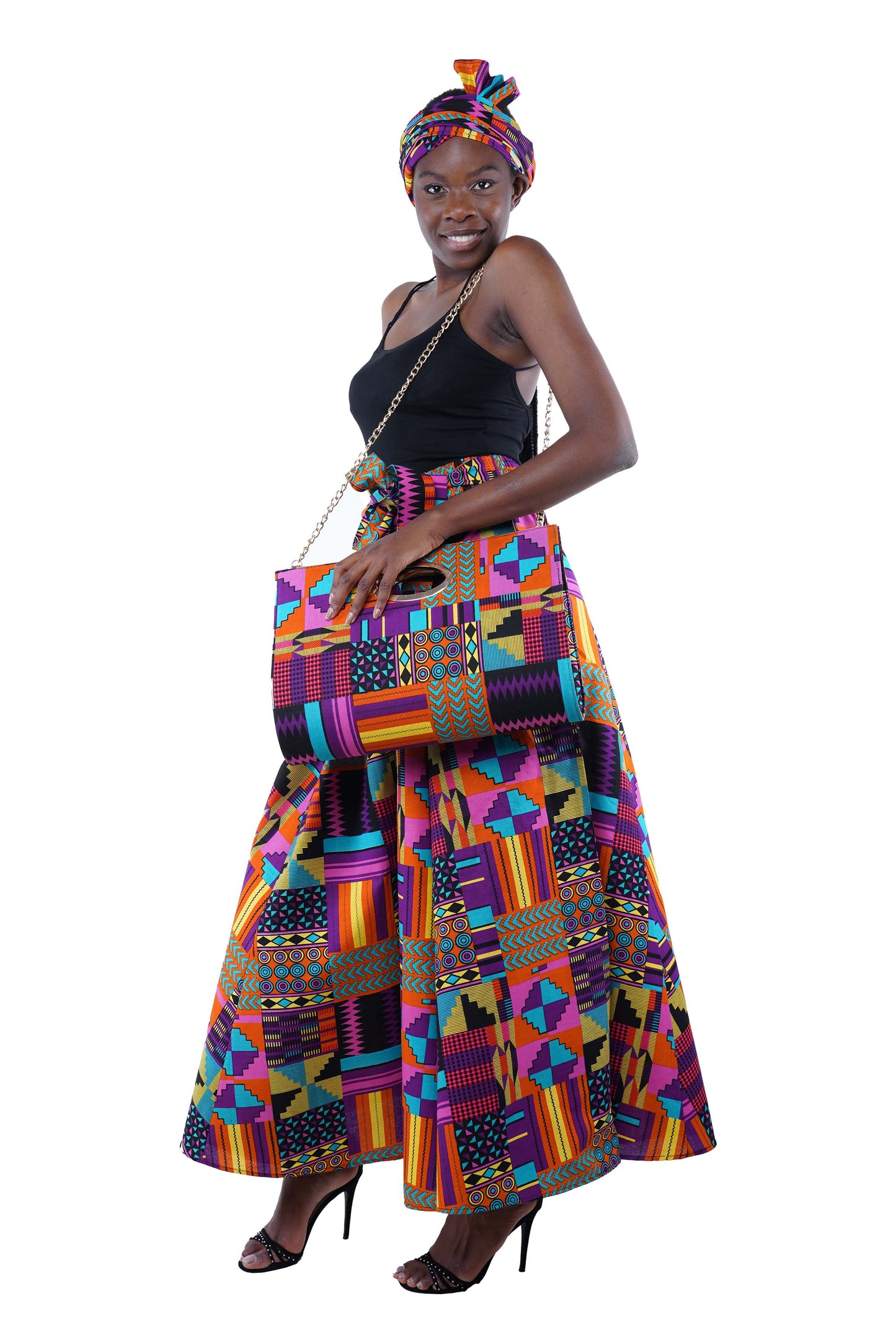 Kente Long Maxi Skirt, Handbag and Headwrap Set