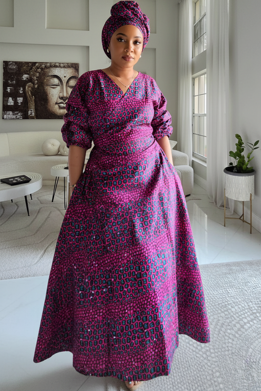 Wrap Dress With Puffed Sleeves Alligator Print