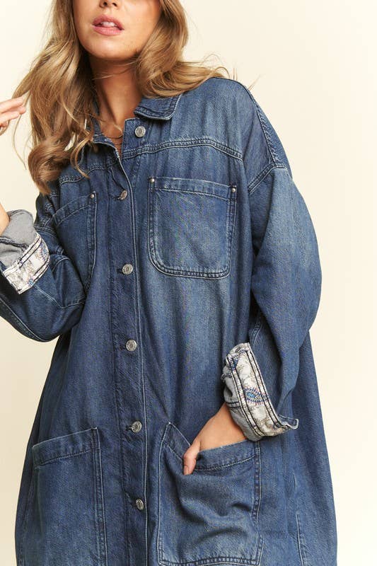 Plus Mid Length Button Down Denim Jacket