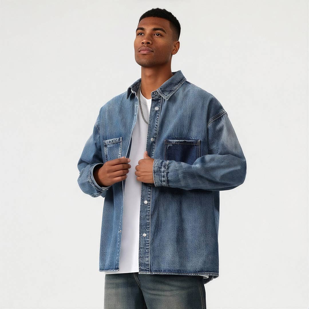 Men's Two-Tone Patch Pocket Denim Button Up Shirt