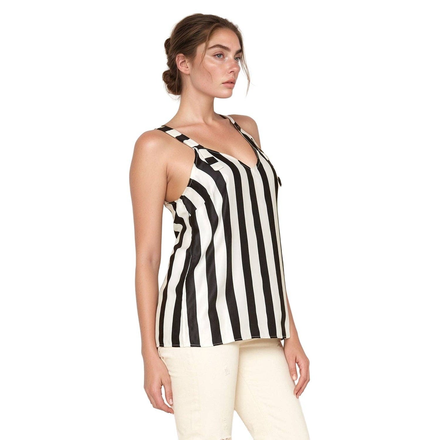 V-Neck Black White Stripe Tank Top Blouse