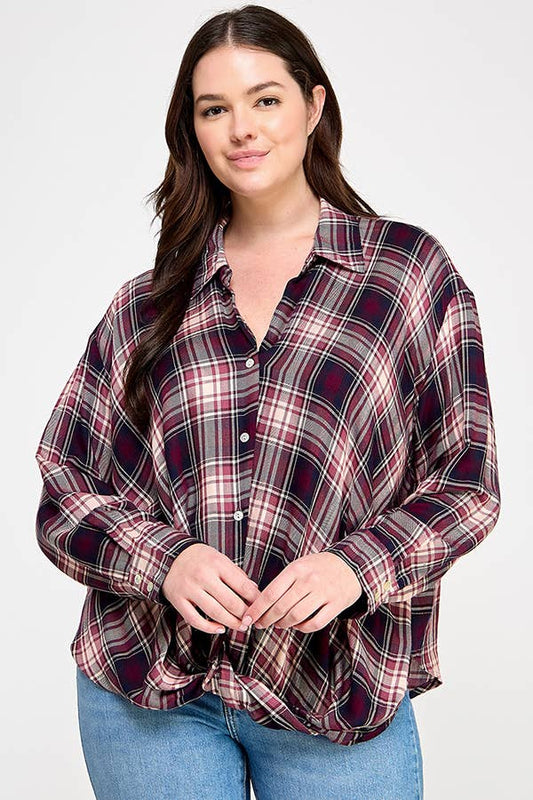 Plus Plaid Draped Button Down Top